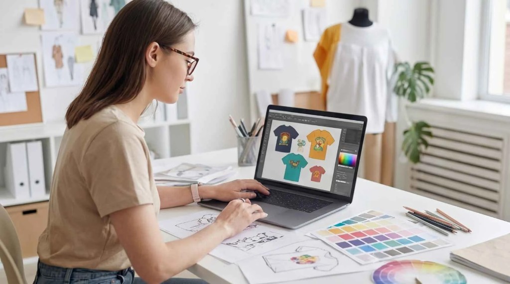 Designer creating apparel artwork on a laptop in a bright studio