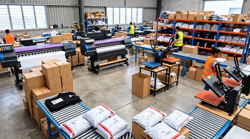 GetPrintX fulfillment floor with printers, packing stations and shipping conveyors